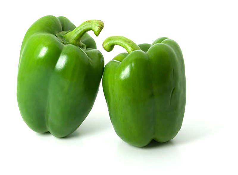 Two green bell peppers isolated on a plain white background, with shadows underneath.